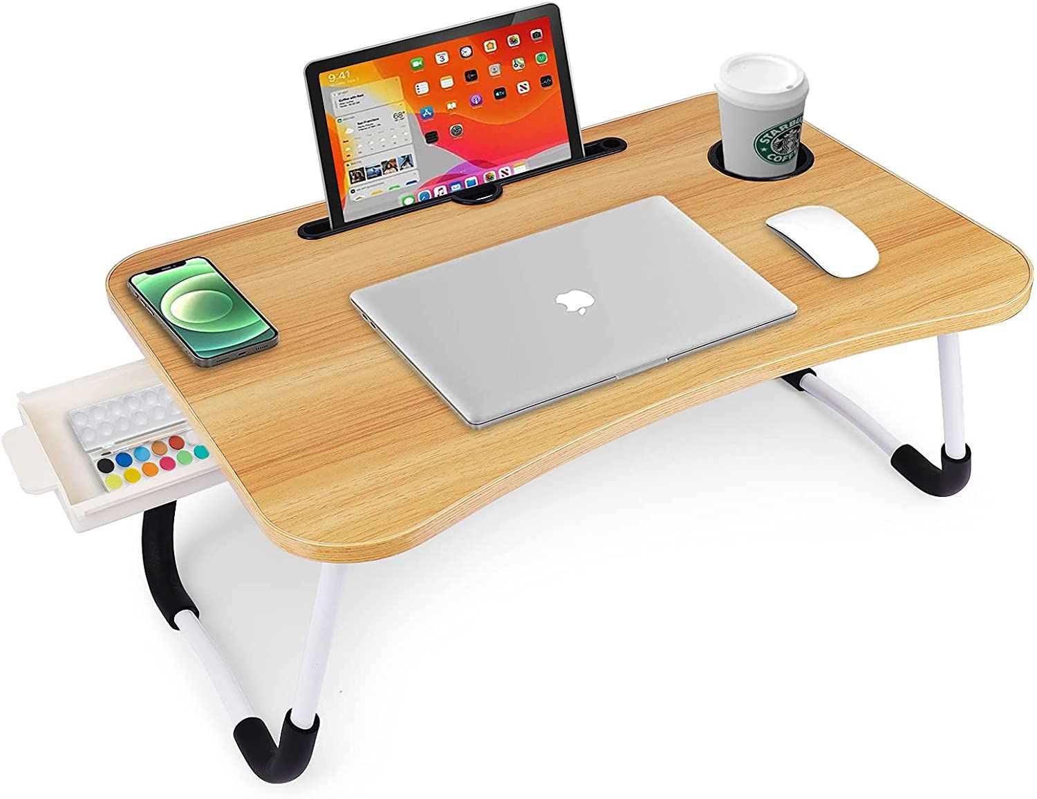 TelebrandsWooden Foldable Laptop Table With Drawer, Portable Standing Bed Desk, Breakfast Serving Bed Tray, Notebook