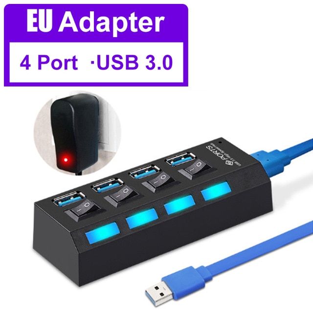 USB 3.0 Hub 5Gbps High Speed Multi USB Splitter 3 Hab Use Power Adapter  Multiple Expander Hub With Switch For PC Laptop（4Port USB3.0 with EU）