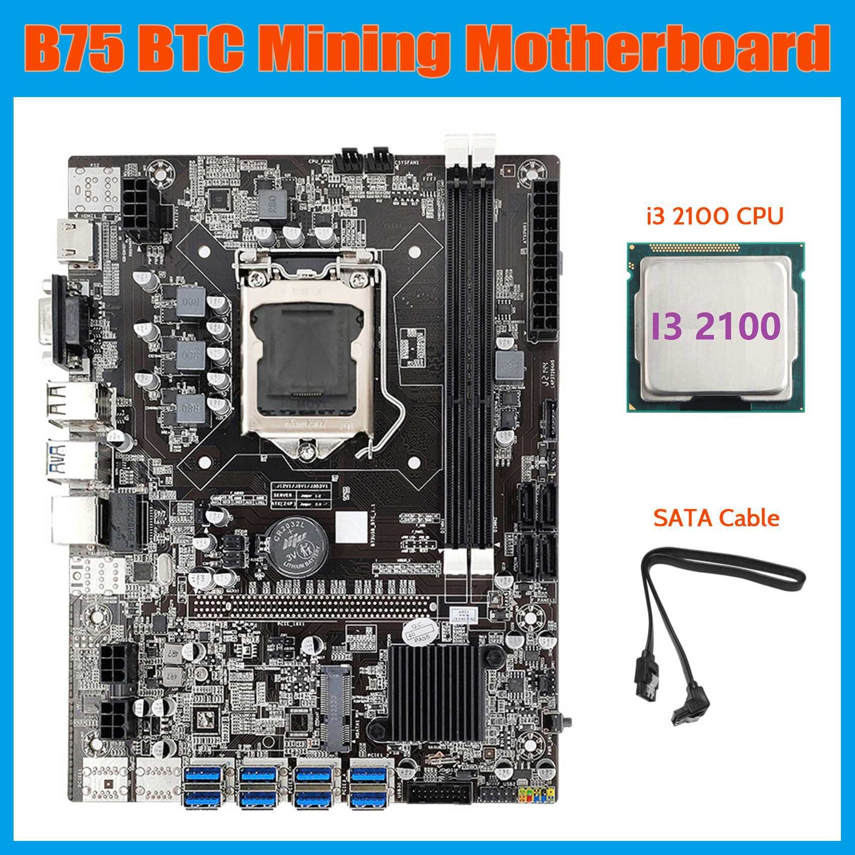 B75 ETH Mining Motherboard 8XPCIE USB Adapter+I3 2100 CPU+SATA Cable LGA1155 MSATA DDR3 B75 USB BTC Miner Motherboard