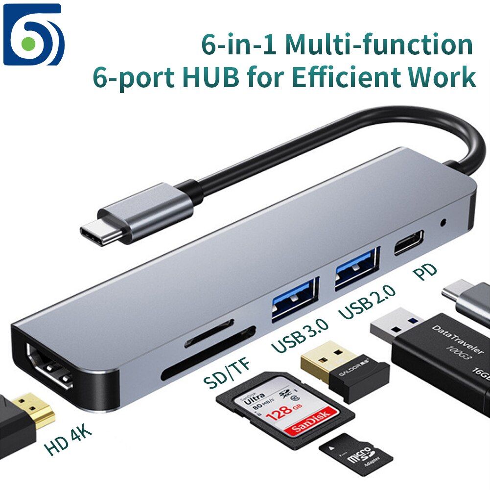 Byscoon Usb C Hub 6 In 1 4K HDMI-Compatible Adapter Type C Hub With TF SD Reader PD 3.0 for Laptops MacBook Pro/Air/Huawei Mate