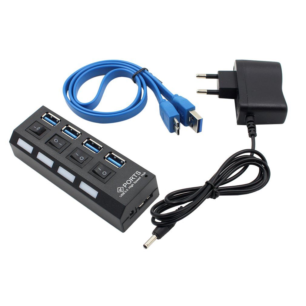 Portable Usb 3.0 High Speed Hub With Four Separate Ports With Power Supply Black 4-Ports,Eu Plug