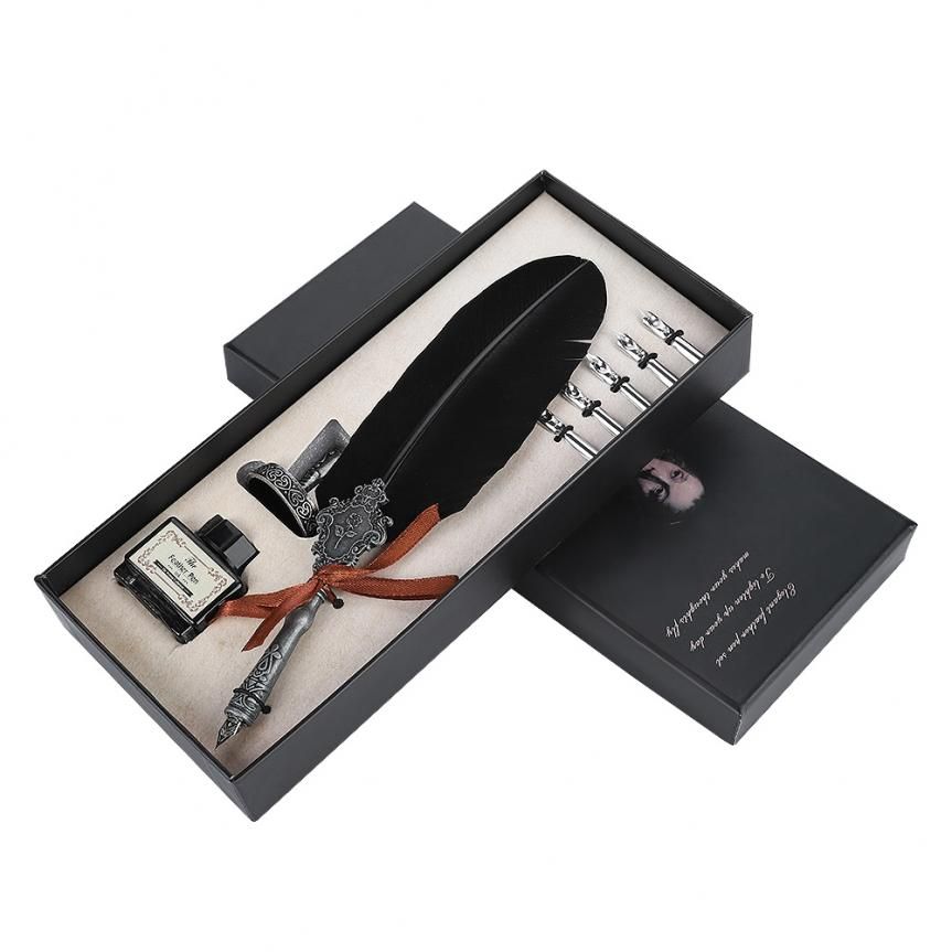 European Retro Quill Alloy Feat r Writing Pen with Nibs ft Box Set Ink Bottle