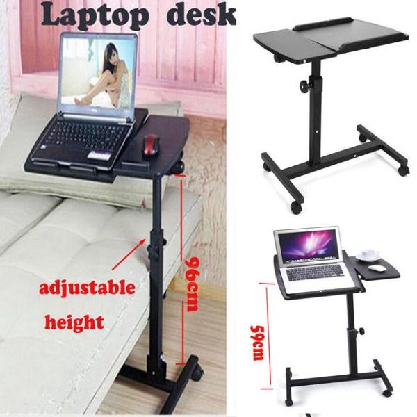 Folding Laptop Table Stand Tray Adjustable Rolling Laptop Desk with Wheels Workstation Cart Computer Table Foot Pedal