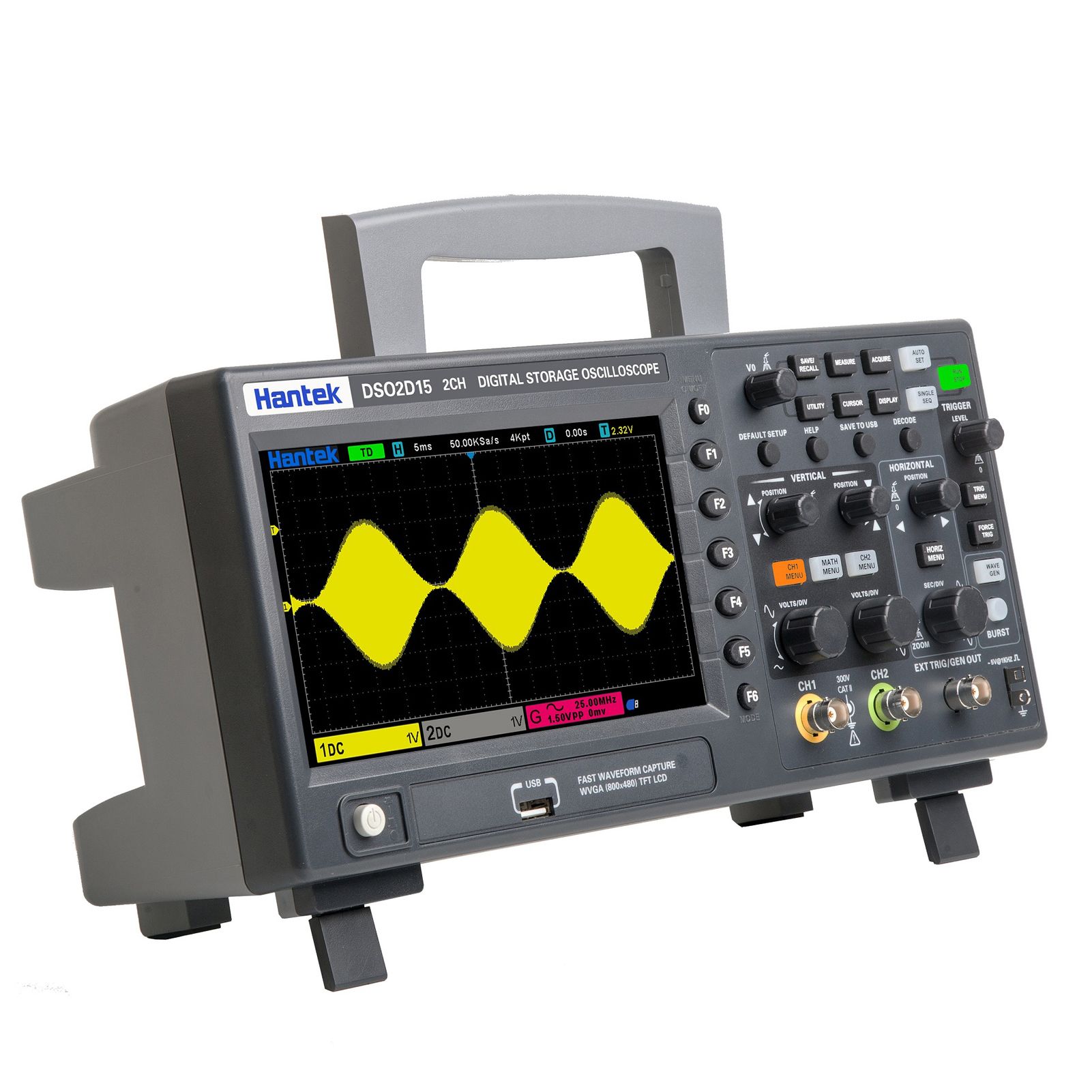 DSO2D15 Digital Oscilloscope Meter Desktop Oscillograph Oscillometer 800 * 480 Pixel 7 Inch TFT LCD Screen 2CH+1CH Channels 150MHz Band Width 1GSa/s Sampling Rate Oscilloscope Multipurpose Tool