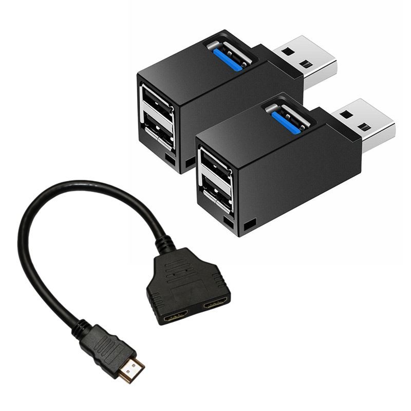 1 Pcs HDMI Splitter Cable 1 Male To Dual HDMI 2 Female Y Splitter & 2 Pcs 3-Port USB Hub Mini USB3.0 High-Speed Hub