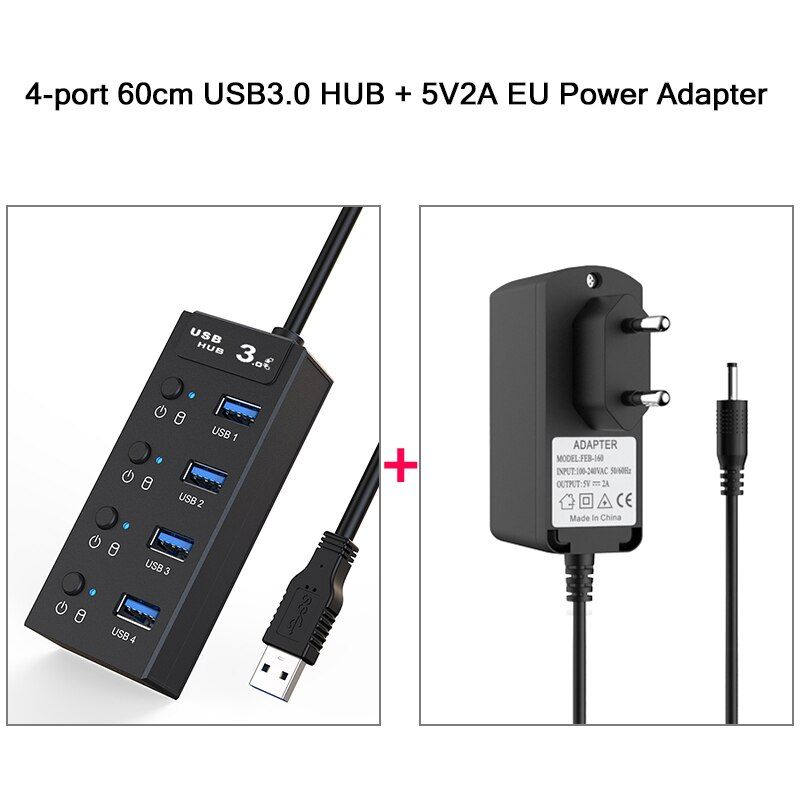 4 / 7 Ports USB 3.0 Hub Sub-control Switch HUB 30/60/120cm Cable Upto 5Gbps Splitter With CE Certified EU Charger（4-port 30cm EU）