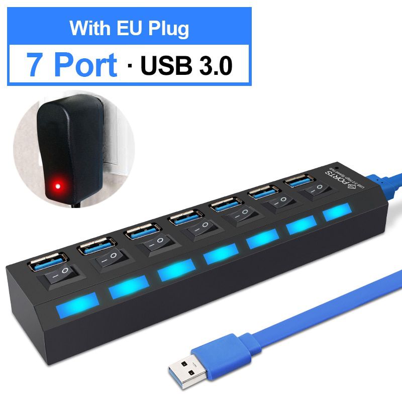 4 Ports USB Hub 3.0 True USB 3.0 Hub High Speed USB Splitter Converter with Seperate Switch Plug Play USB Multi Adapter 7 Ports（USB 2.0 4 Port）