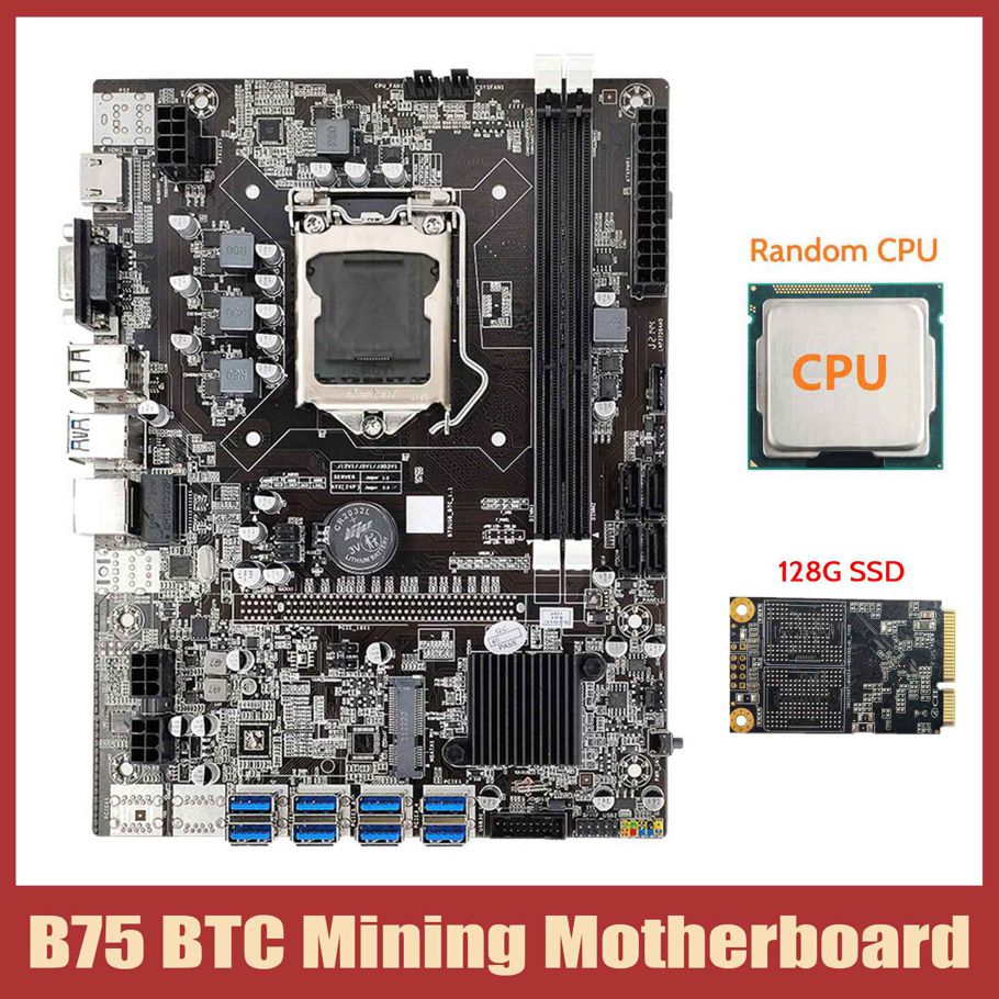 B75 ETH Mining Motherboard+CPU+128G MSATA SSD LGA1155 8XPCIE to USB Support DDR3 B75 USB BTC Miner Motherboard