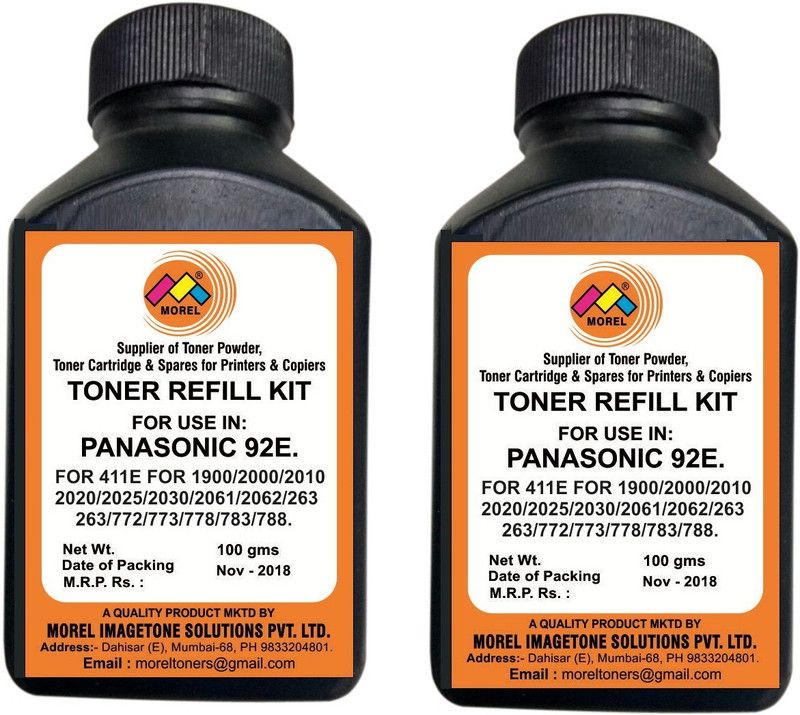 MOREL Toner Powder Bottle for use in Panasonic 92E / 411E / MB 1900/2000 / 2010/2020 / 2025/2030 / 2061/2062 / 262/263 / 772/773 / 778/783 / 788 Printers Pack of 2 Black Ink Toner Powder