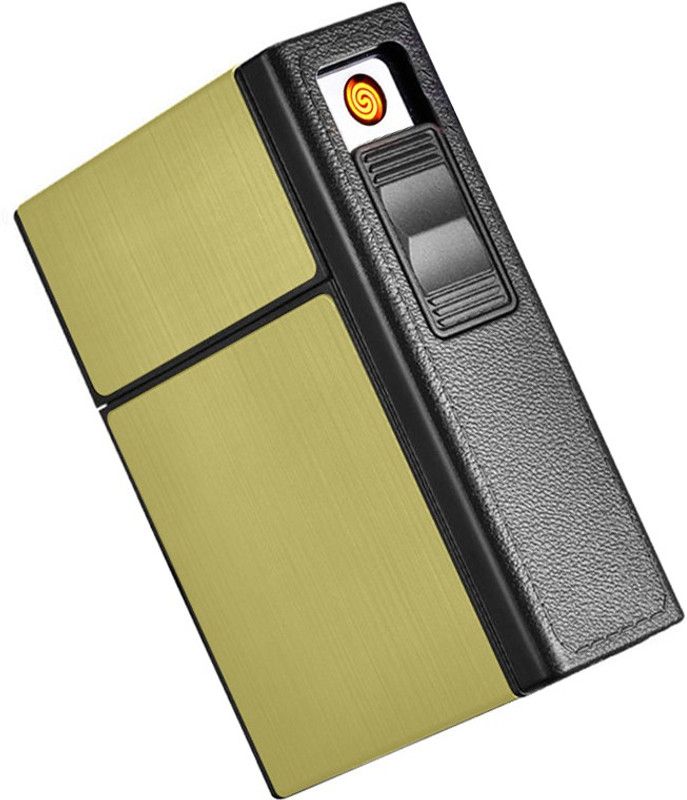 FITUP ™ FOCUS Cigarette Case Box Lighter with Flameless Removable Electronic Lighter Windproof Torch Lighter 20pcs Cigarette Holder Case 3 in 1 USB Rechargeable Portal Lighter Cum 20 Pc Storage Cigarette Holder Easily Cigarette Lighter  (Golden)