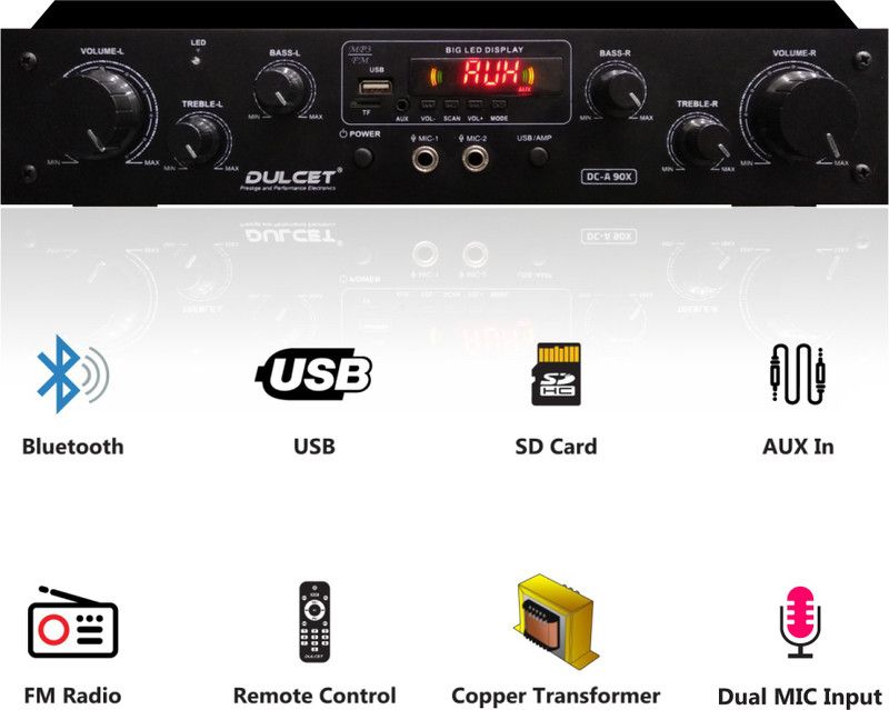 DULCET DC-A90X 2 Channel High Power Stereo Amplifier with Big LED Display/Bluetooth/MIC Input/USB/SD Card Slot/FM Radio/AUX Input/Remote Control & Built-in Equalizer with Bass, Treble & Balance Control 240 W AV Power Amplifier  (Black)