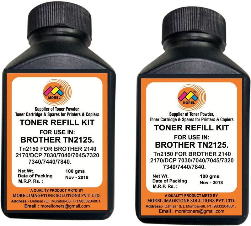MOREL TN2125 Toner Powder Bottle for USE in Brother HL-2140 / 2150N / 2170W / DCP-7030/7040 / MFC-7320/7340 / 7440/7450 / 7840N, Ricoh SP1200S / 1200SU / 1200SF / 1210 Printer Pack of 2 Black Ink Toner Powder