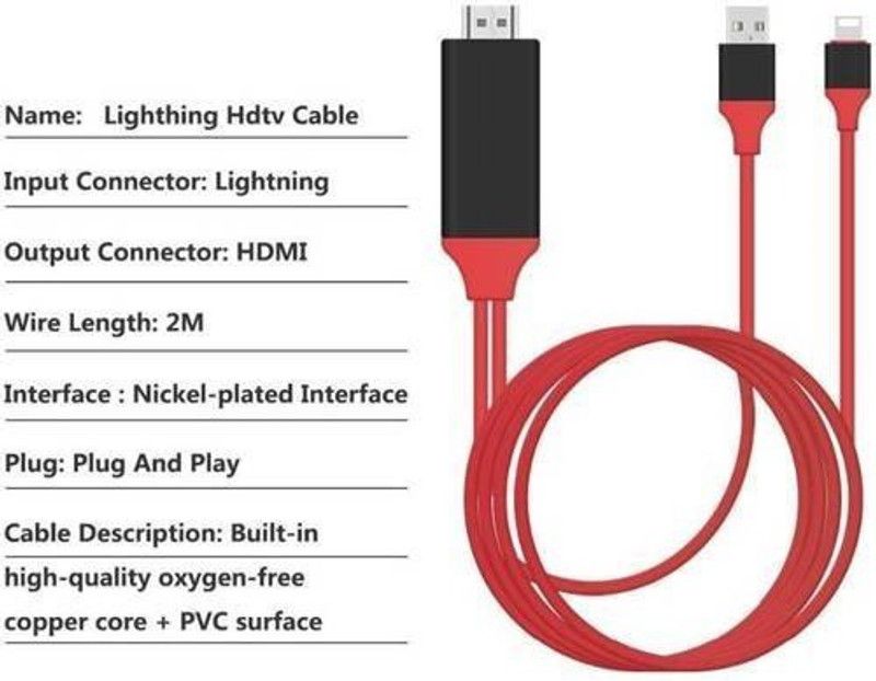 ASTOUND HDMI Cable 2 m Copper Braiding 8 Pin Lightning To HDMI Cable Adapter 1080P With USB  (Compatible with Camera, Computer, Gaming Console, MP3 Player, Mobile, Smart Watch, TV, Tablet, Red, One Cable)