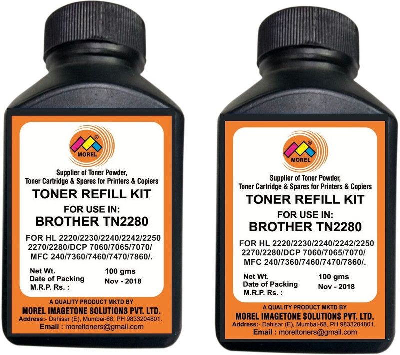 MOREL TN2280 Toner Powder Bottle for USE in Brother HL-2220/2230 / 2240/2242 / 2250/2270 / 2280, DCP-7060/7065 / 7070/7240 / 7360/7460 / 7470/7860 / FAX-2840/2940 Printer Pack of 2 Black Ink Toner Powder