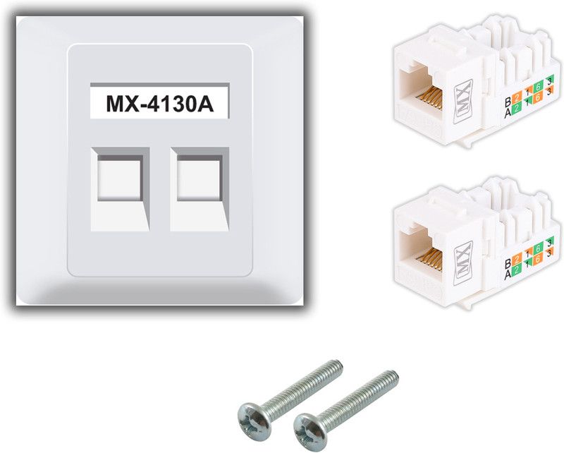 MX Dual Port Face Plate with Shutter & UTP CAT6 Keystone Jack 90° Extension Adapter Dock  (White)