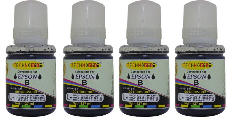 Technomine Epson Eco Tank series printer 001,002,003 FOR L1110/L3100/L3101/L3110/L3115/L3116/L3150/L3152/L3156/L4150/L4160/L5190/L6160/L6190 SERIES .pack of 4 Black - Twin Pack Ink Bottle