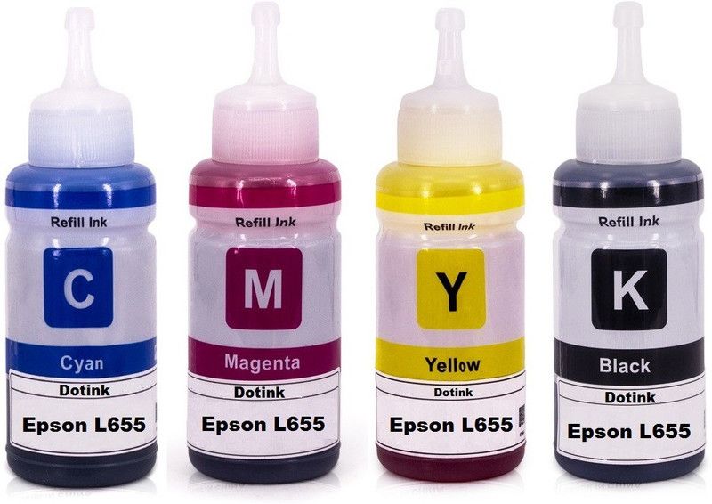 Refill Ink For Epson L655 Dye Ink Compatible EcoTank Inkjet Printer Epson L130, L110, L210, L220, L310, L360, L355, L365, L380, L385, L405, L455, L485, L550, L555, L565, L605, L655, L1300 (4*70 ml) Black + Tri Color Combo Pack Ink Bottle