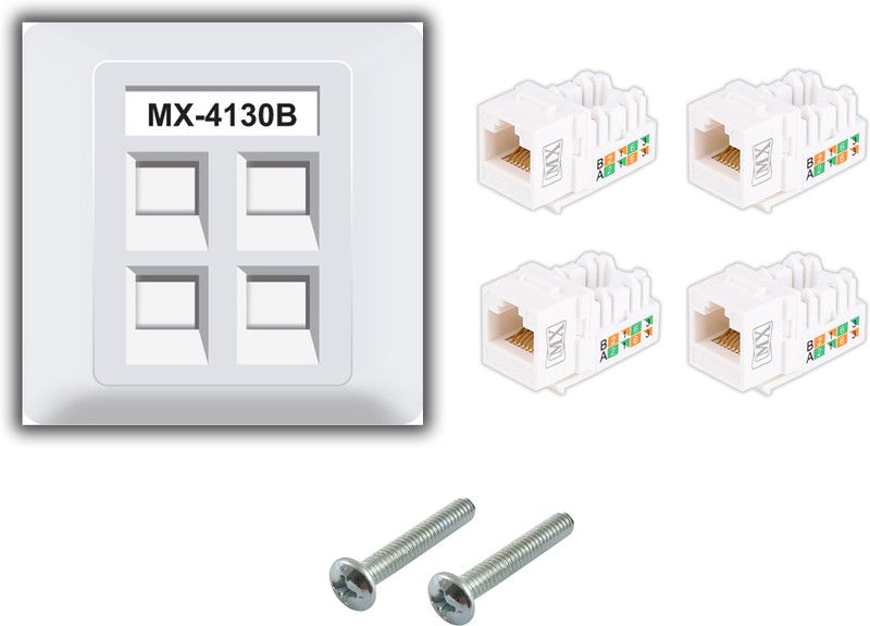 MX Four Port Face Plate with Shutter & UTP CAT6 Keystone Jack 90° Extension Adapter Dock  (White)