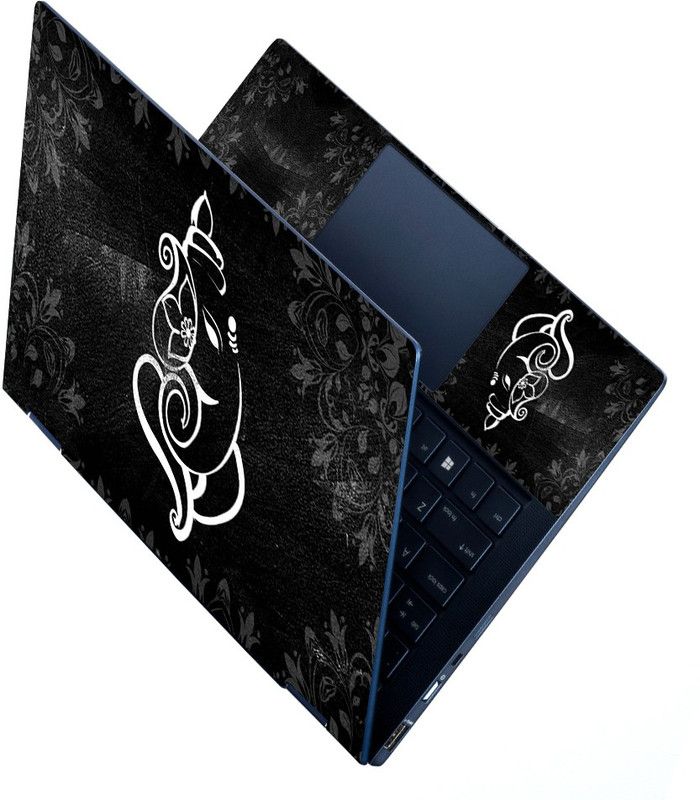 FineArts HD Printed Full Panel Laptop Skin Sticker Vinyl Fits Size Upto 15.6 inches No Residue, Bubble Free - Ganesh Black Floral Ruff Self Adhesive Vinyl Laptop Decal 15.6