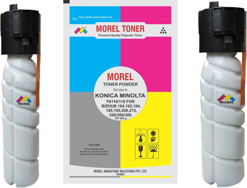 MOREL COMPATIBLE TONER CARTRIDGE UNIVERSAL FOR KONICA MINOLTA BIZHUB 164 / 184 / 185 / 195 / 206 / 215 / 226 / TN116 / TN118 PHOTOCOPIER PACK OF 2 WITH 1 REFILL POUCH. Black Ink Toner