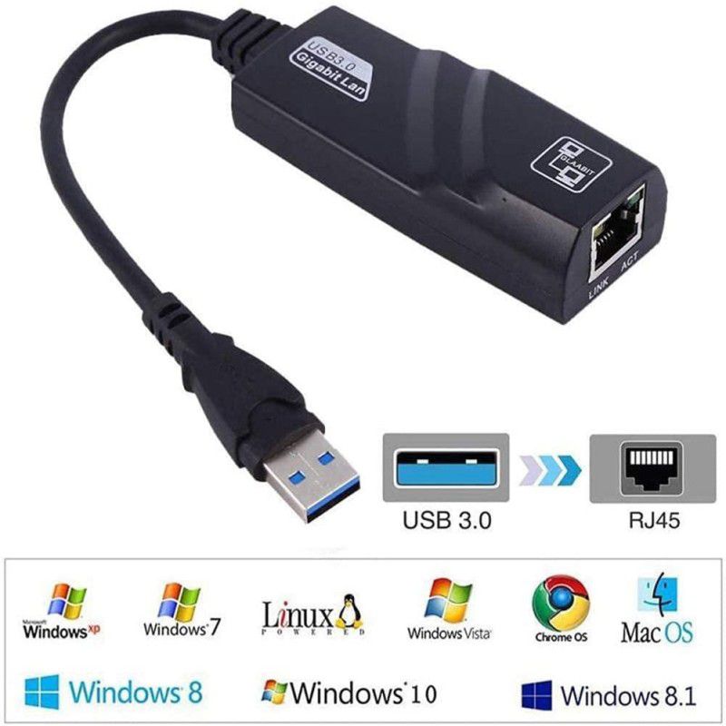 TERABYTE 25 cm USB 3.0 to Ethernet Adapter Network Wired Cable Gigabit RJ45 LAN Converter - Plug & Play Lightning 10/100/1000Mbps Compatible with Laptop PC Desktop with Windows 10 8 7 Vista Lan Adapter  (1000 Mbps)