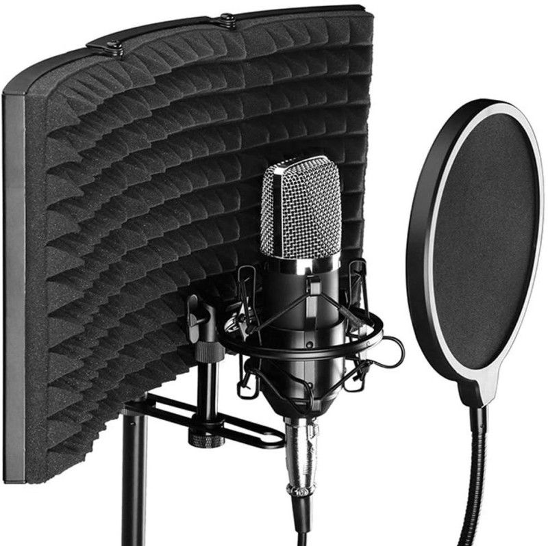 DawnRays Microphone Isolation Shield with 3-Panels With Pop Filter Foldable and Portable Vocal Booth Filter Mic High Density Windscreen Sound Absorbent Foam Reflector for Studio Recording Streaming isolation shield  (Black)