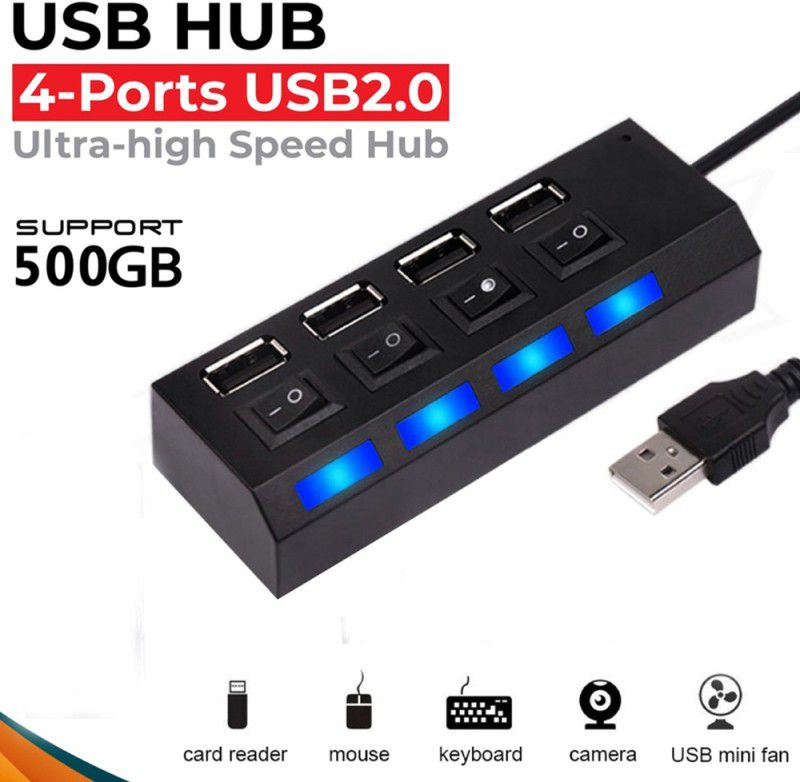 ANY KART Good Quality High Speed 4 Port USB Hub 2.0 with Individual Switches and LED Indicators Multi Adapter USB Hub, USB Charger, Laptop Accessory  (Black)