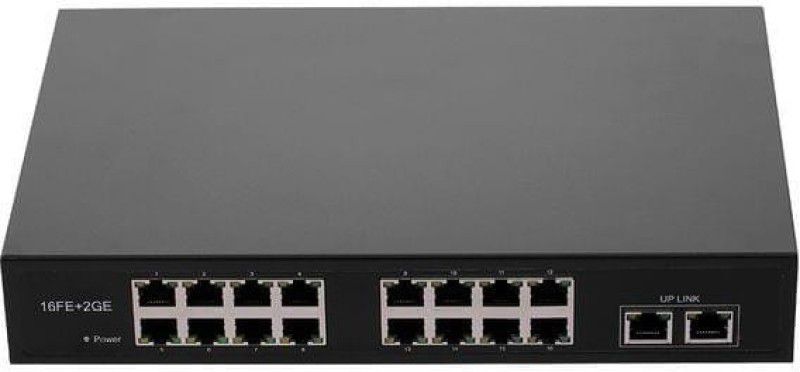 HANUTECH Poe Switch 16 Port 10/100Mbps + 2 Uplink Gigabit Port Fast Ethernet PoE Switch | 16 PoE+ 2 Uplink Gigabit RJ45 Ports Network Switch  (Black)