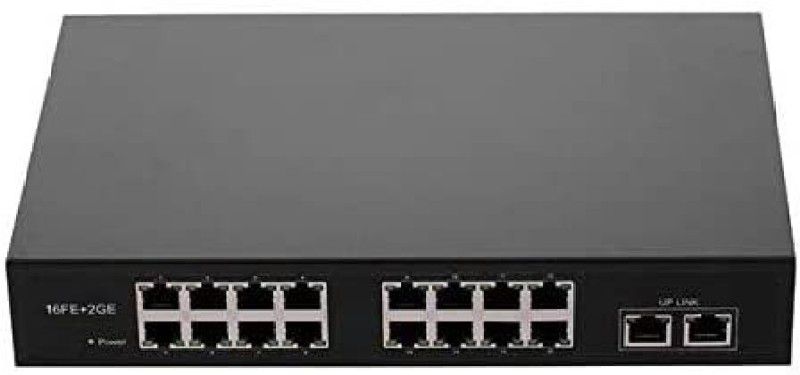 HANUTECH Poe Switch | Poe Switch 16 Port (10/100Mbps) + 2 Port Uplink Gigabit Port (10/100/1000Mbps) Fast Ethernet 16 Port Poe Switch RJ45 Ports for CCTV Networking DVR NVR Network Switch  (Black)