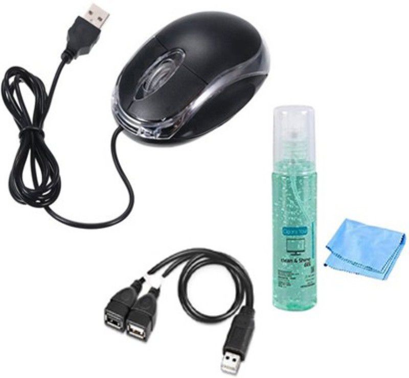Red Champion 222 wired mouse Wired Optical Mouse With Male To Female Cable And Jel Spray Combo Set  (Black)