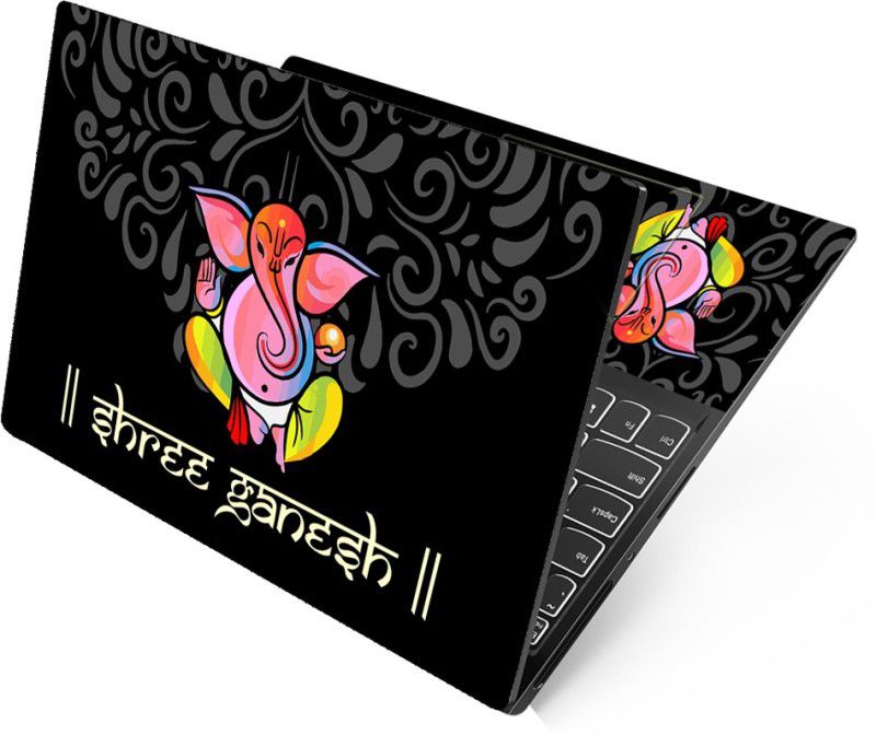 Anweshas Colorfull Ganesh On Black Floral Full Panel Laptop Skins Upto 15.6 inch - No Residue, Bubble Free - Removable HD Quality Printed Vinyl/Sticker/Cover Self Adhesive Vinyl Laptop Decal 15.6