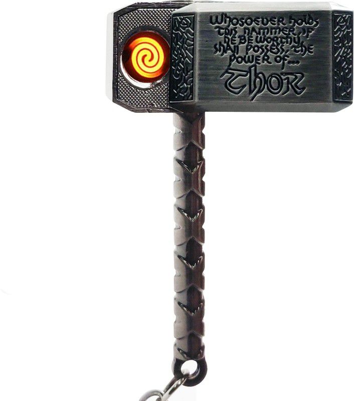 Explorer ™ Imported Thor Hammer Shape Rechargable Windproof Flameless Lighter Key ring Key Chain Cigarette Lighter Multi Hotshot Thor Hammer Keychain for Car, Bike, Home, Bags and Backpacks Cigarette Lighter, USB Charger  (Silver)