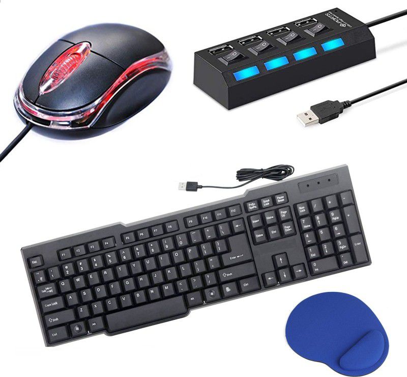 Red Champion USB WIRED KEYBOARD WITH USB WIRD MOUSE AND REST MOUSE PAD AND 4 SWITCH USB HUB Combo Set  (Multicolor)