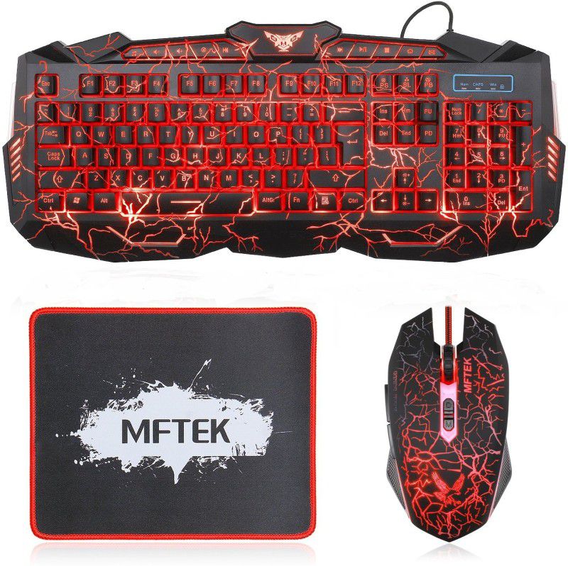 MFTEK Gaming Keyboard, Mouse and Mouse Pad Combo, Crack 3 Colors LED Backlit USB Wired Keyboard, Programmable 7 Button Lighted Gaming Mouse +Mouse Pad for Computer PC Gamer. Combo Set