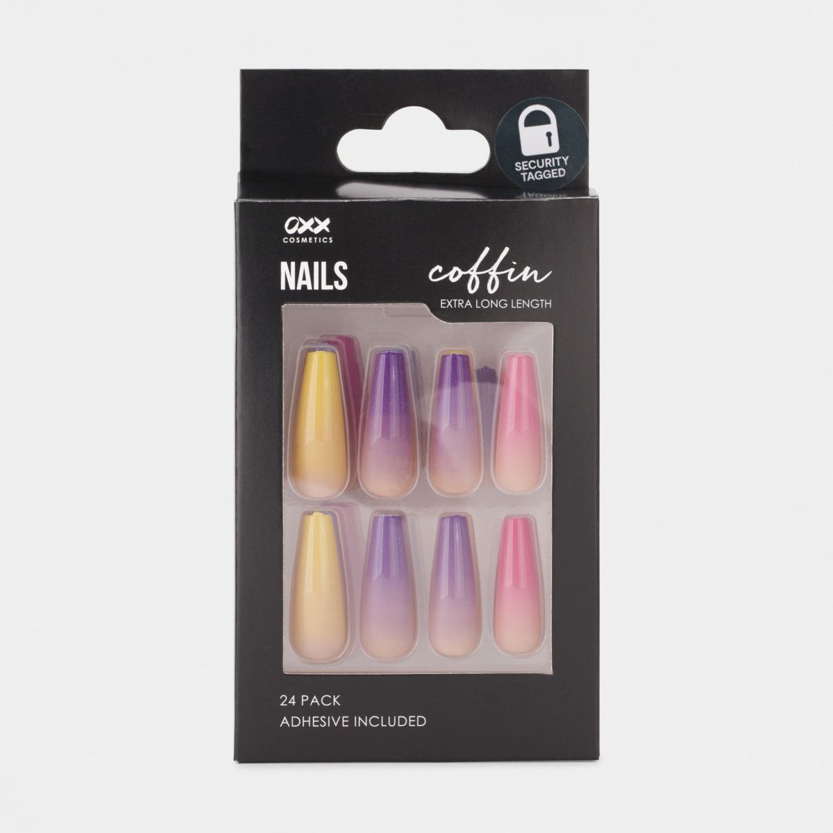OXX Cosmetics 24 Pack Extra Length Artificial Nails with Adhesive - Coffin Shape, Pink