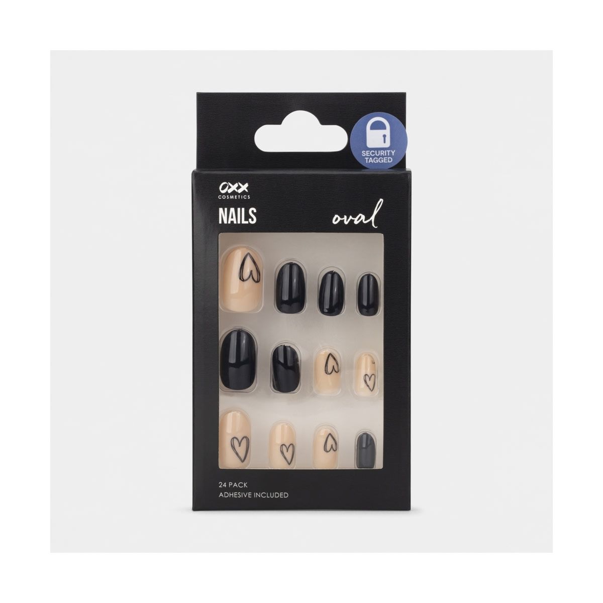 OXX Cosmetics 24 Pack False Nails with Adhesive - Oval Shape, Black and Nude Hearts
