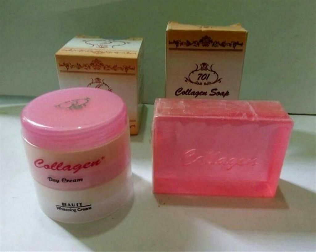Collagen plus day night cream and soap package.