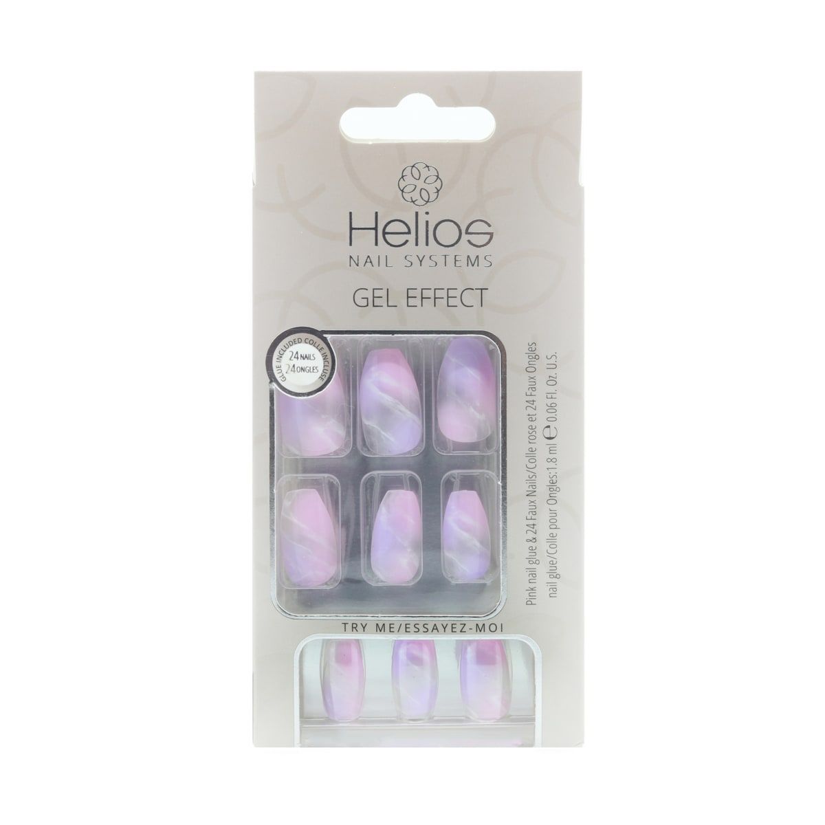 Helios Nail Systems 24 Piece Gel Effect Faux Nails & Pink Nail Glue - Pink Marble