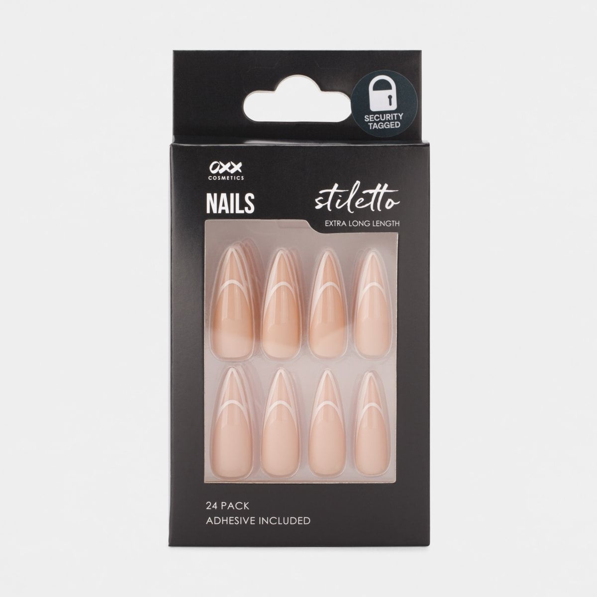 OXX Cosmetics 24 Pack Extra Length Artificial Nails with Adhesive - Stiletto Shape, Beige