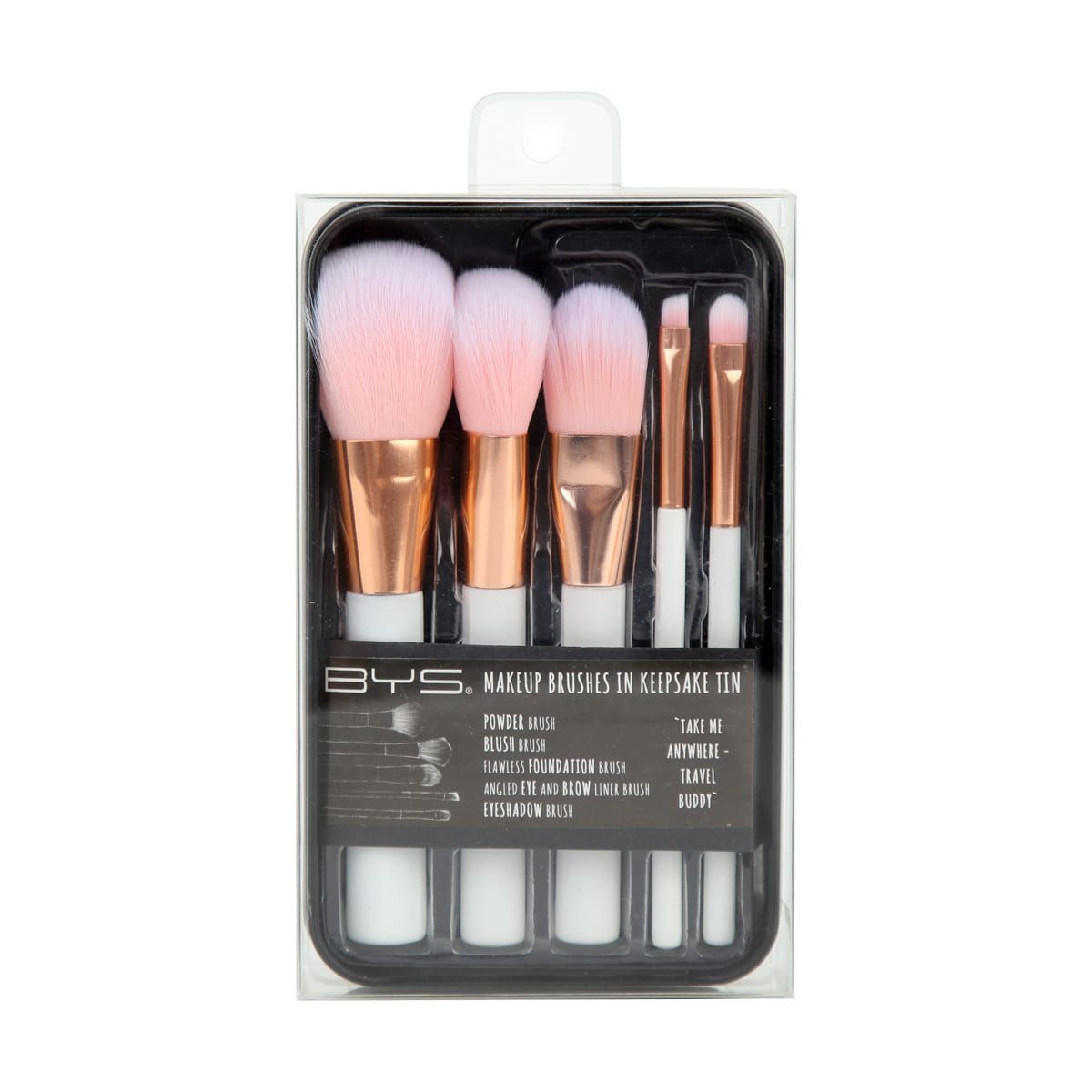 BYS Makeup Brushes in Keepsake Tin - White & Rose Gold Look