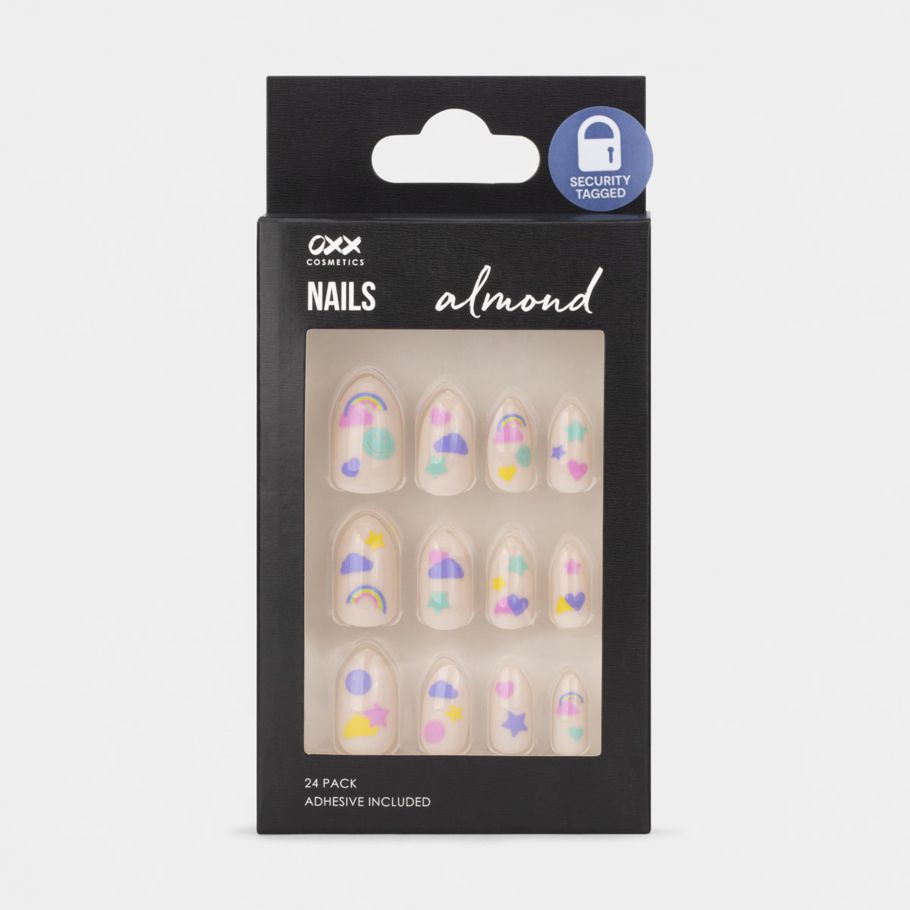 OXX Cosmetics 24 Pack Artificial Nails with Adhesive - Almond Shape, Fun Gloss