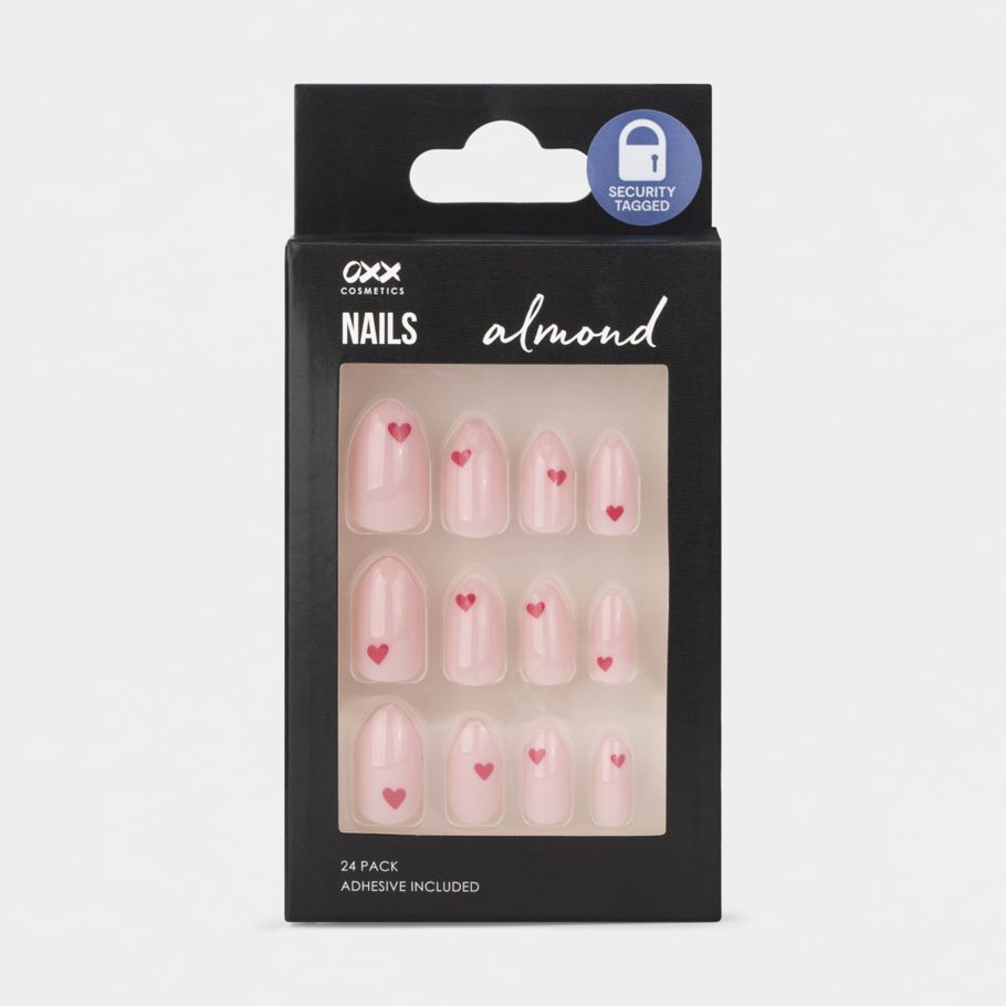 OXX Cosmetics 24 Pack False Nails with Adhesive - Almond Shape, Red Hearts