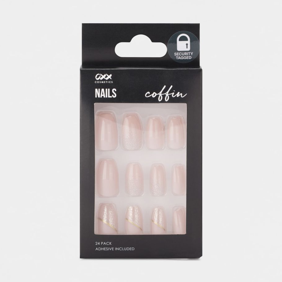 OXX Cosmetics 24 Pack Artificial Nails with Adhesive - Coffin Shape, Nude & Gold