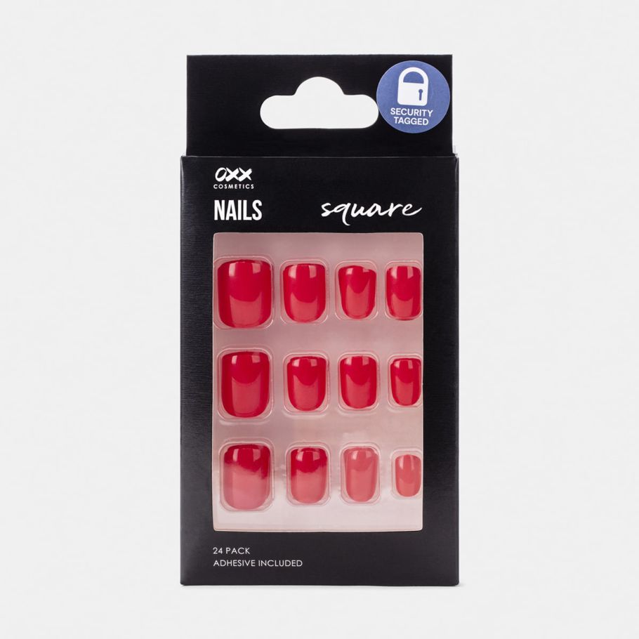 OXX Cosmetics 24 Pack False Nails with Adhesive - Square Shape, Red