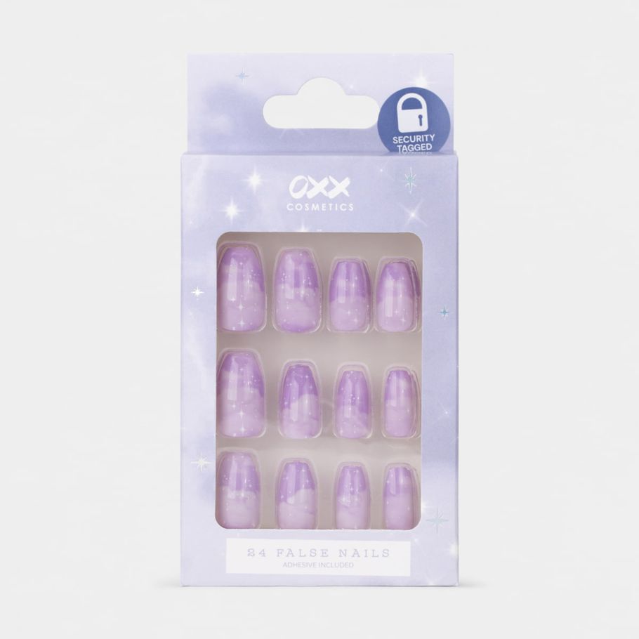 OXX Cosmetics 24 Pack False Nails with Adhesive - Coffin Shape, Lilac Skies