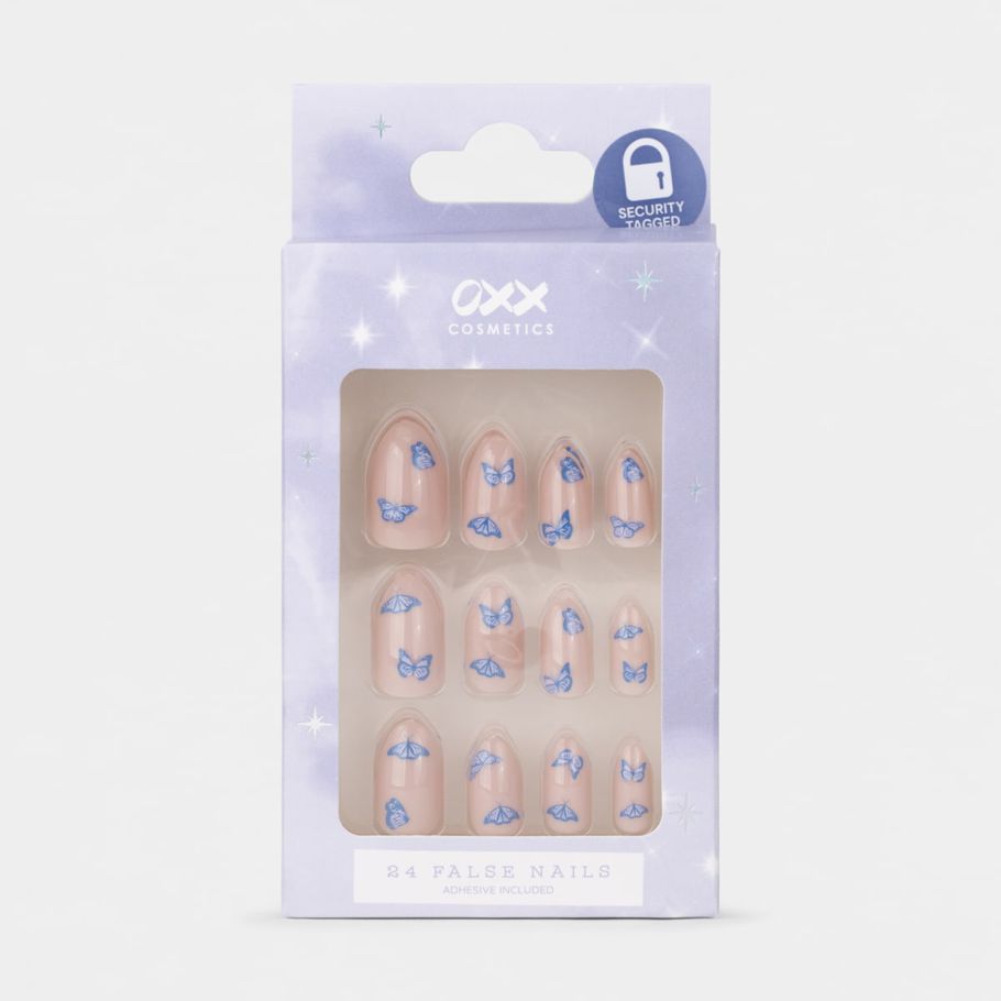 OXX Cosmetics 24 Pack False Nails with Adhesive - Almond Shape, Blue and Beige Butterfly
