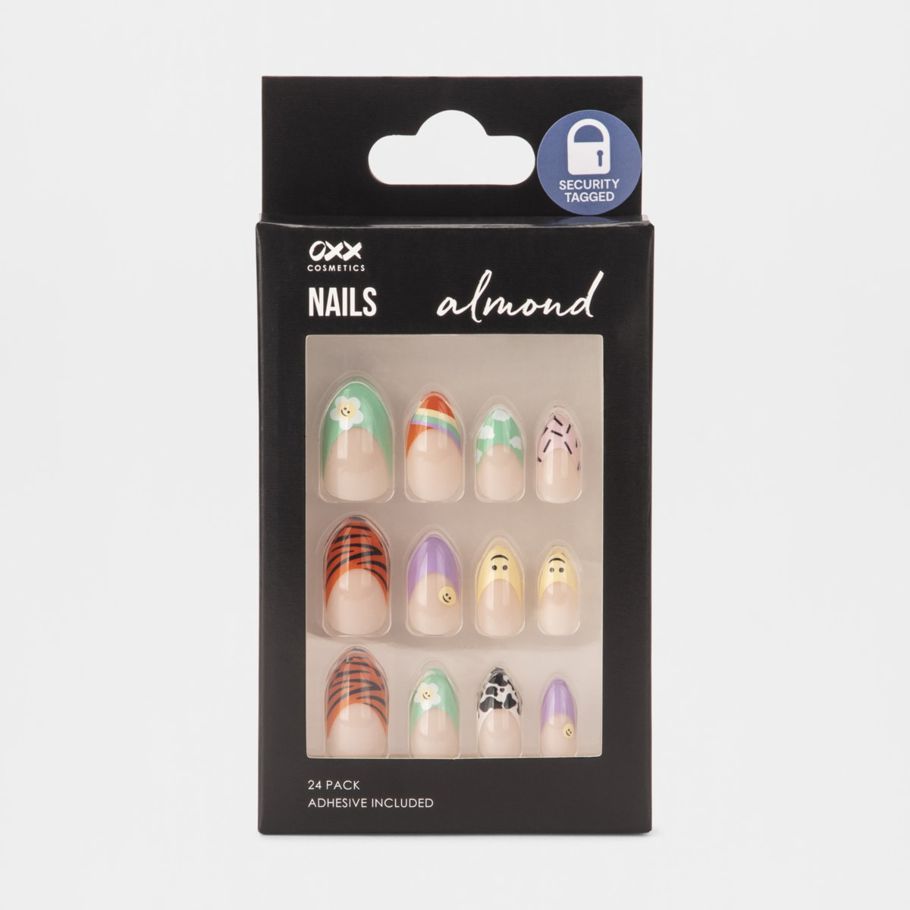 OXX Cosmetics 24 Pack False Nails with Adhesive - Almond Shape, Fun Multicolour