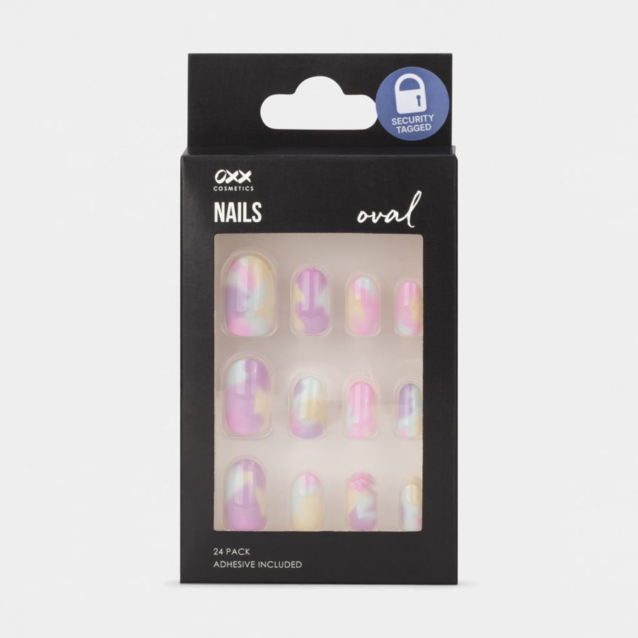 OXX Cosmetics 24 Pack False Nails with Adhesive - Oval Shape, Rainbow Tie Dye Gloss
