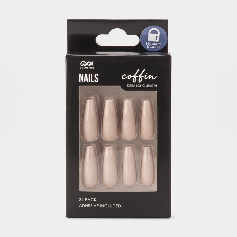 OXX Cosmetics 24 Pack False Extra Length Nails with Adhesive - Coffin Shape, Mushroom