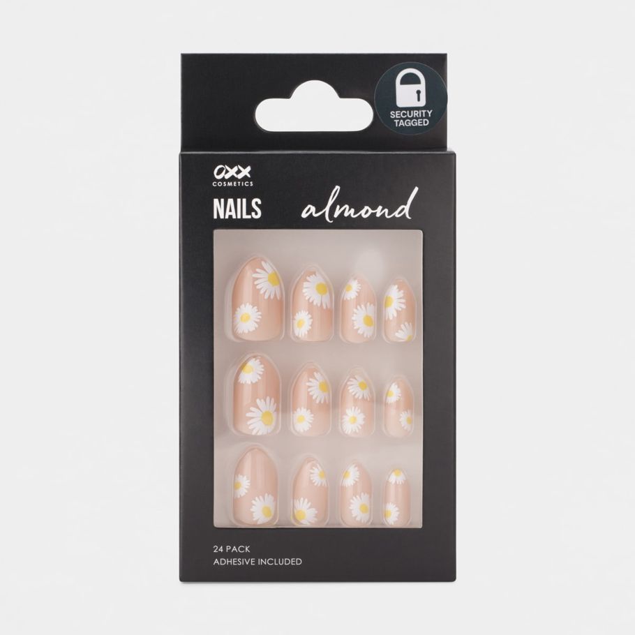 OXX Cosmetics 24 Pack Artificial Nails with Adhesive - Almond Shape, Large Daisies